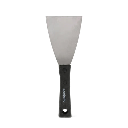 Painting 8cm scraper with a silver metal blade and black handle, featuring the 'academy' logo, shown vertically.