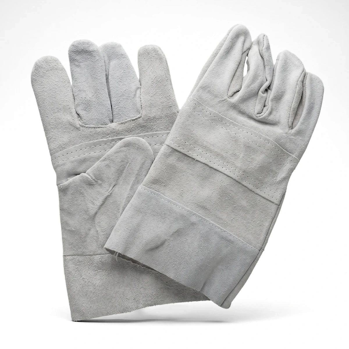 A pair of light gray chrome leather work gloves with long cuffs for hand protection, displayed against a white background.