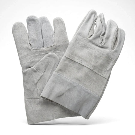 A pair of light gray chrome leather work gloves with long cuffs for hand protection, displayed against a white background.
