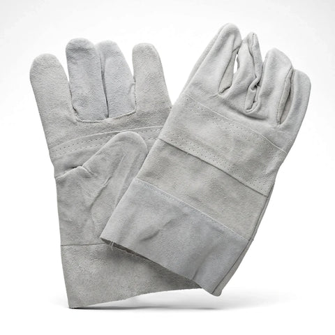 A pair of light gray chrome leather work gloves with long cuffs for hand protection, displayed against a white background.