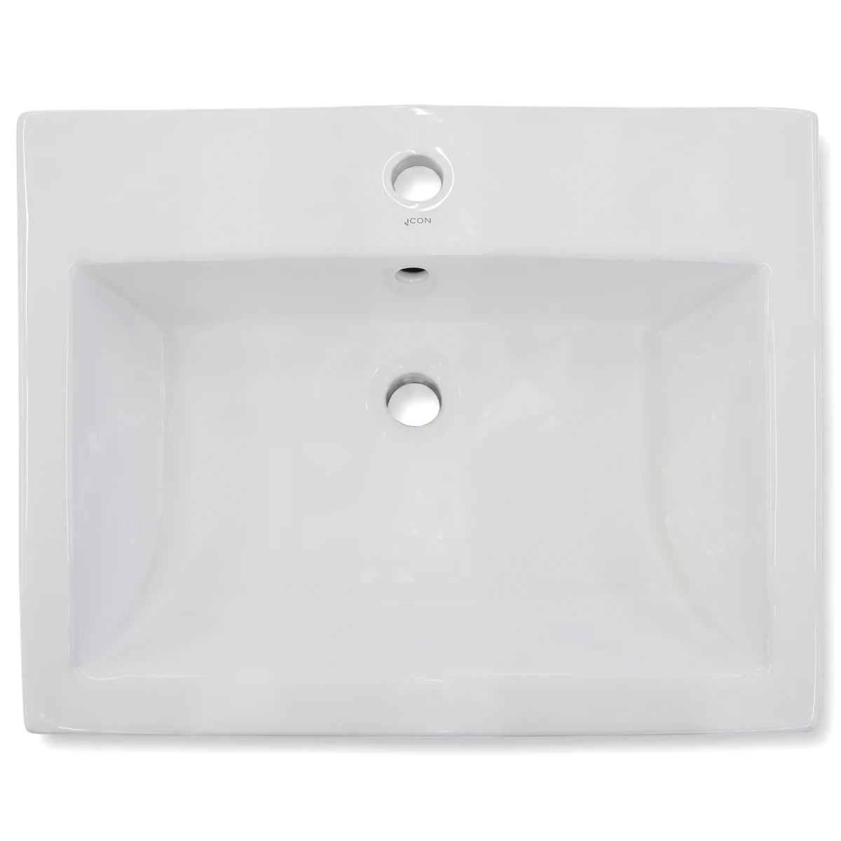 White ceramic rectangular Pamela Large Freestanding Basin with a single tap hole and overflow, shown from a top-down view.