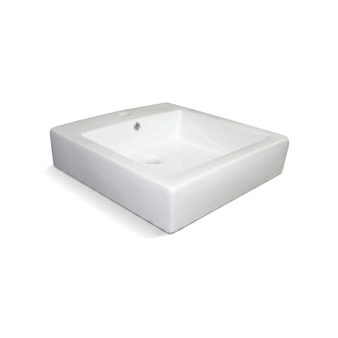 Pamela small freestanding white ceramic basin with a single tap hole and a rectangular shape