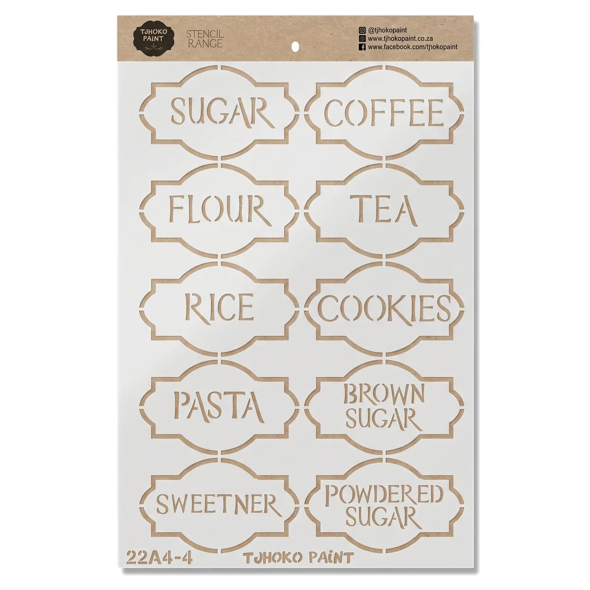 White Pantry Perfection paint stencil sheet with ten label designs for pantry items like sugar, coffee, flour, and pasta.
