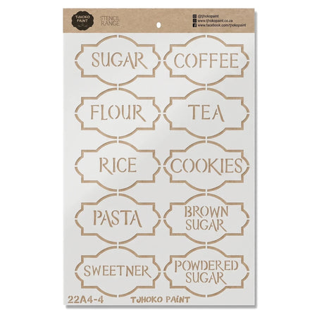 White Pantry Perfection paint stencil sheet with ten label designs for pantry items like sugar, coffee, flour, and pasta.