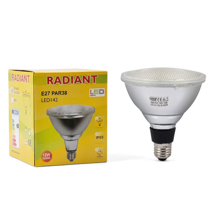 A PAR38 E27 12W IP65 LED bulb, silver with a textured top, displayed next to its yellow packaging box.