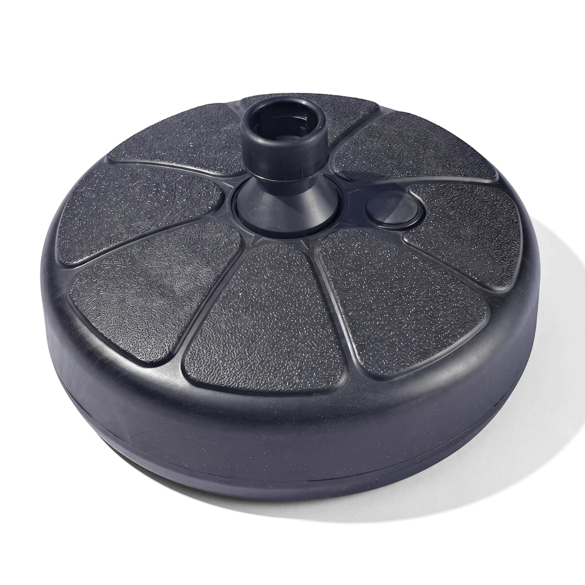 Parasol Base Set 13Kg round black weighted umbrella stand base with central pole holder and textured top.