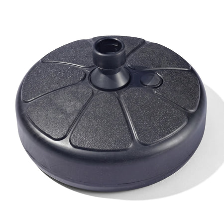 Parasol Base Set 13Kg round black weighted umbrella stand base with central pole holder and textured top.