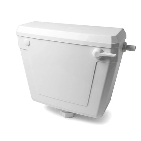 White Parker plastic toilet cistern with a 9/6 liter capacity, featuring a flush handle on the side.