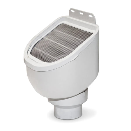 White Parker Rain Catcha water collection system with a mesh screen top, shown at an angle for efficient gutter drainage.