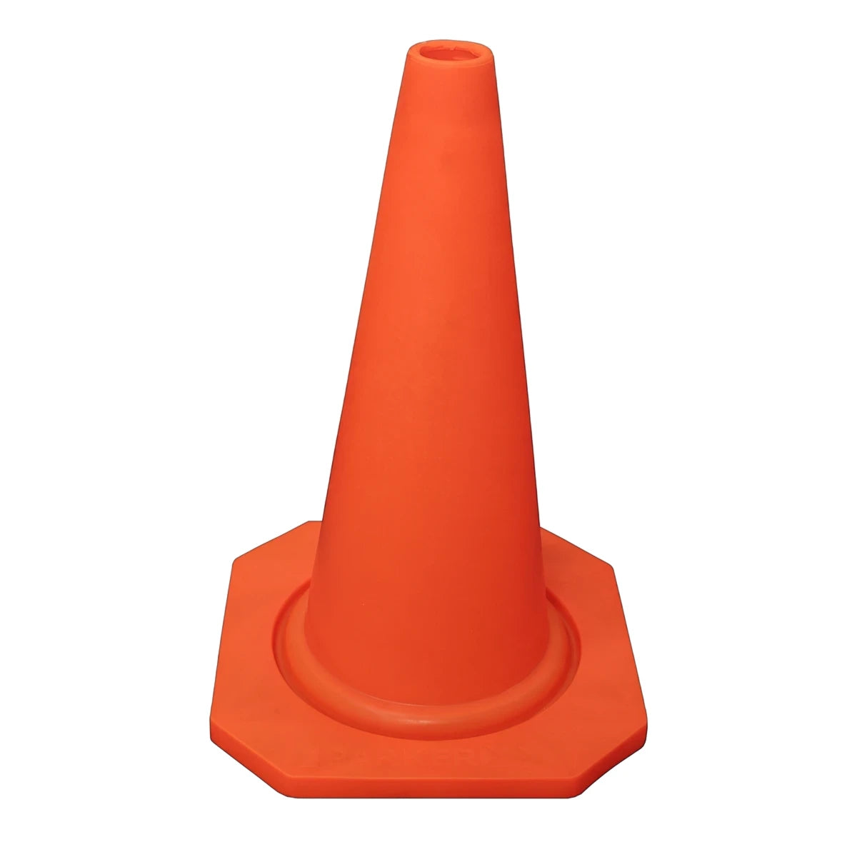 Orange flexible PVC traffic cone 450mm, manufactured by Parker Road Furniture, designed for road safety and traffic