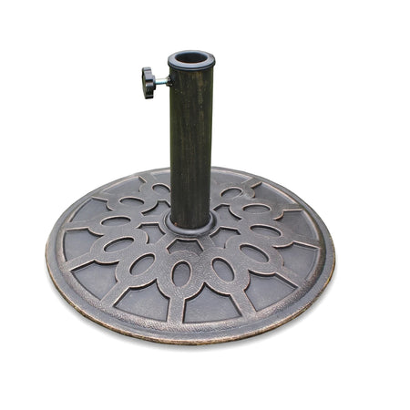 Black and bronze ornate round patio umbrella stand, an 8kg concrete base for outdoor use.