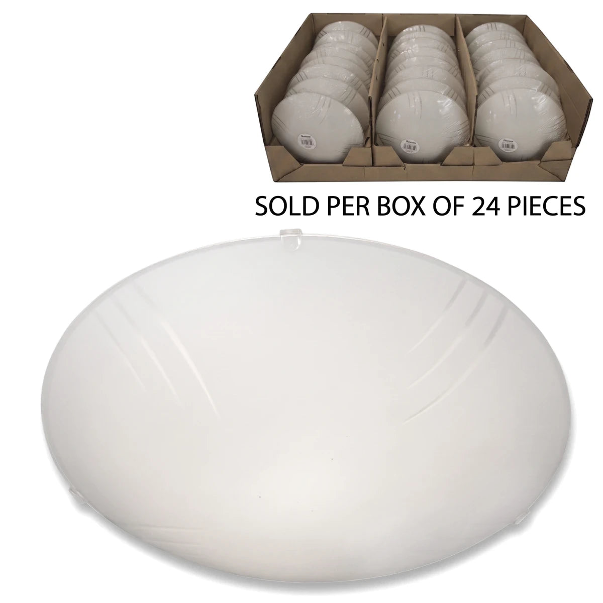 Metal and patterned frosted glass oval ceiling light cover with clear plastic clips, shown alongside a box of 24 smaller
