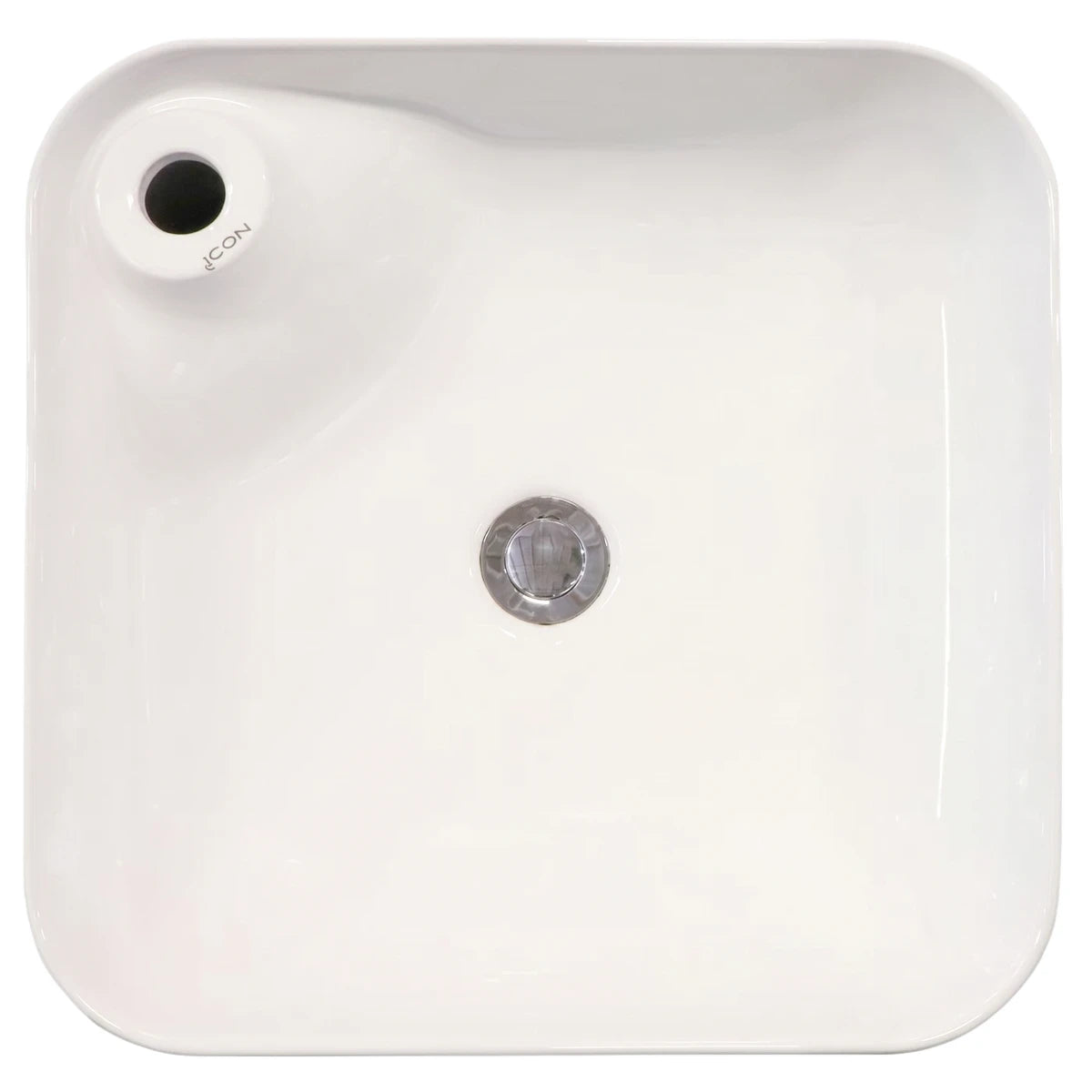 White ceramic Paula Freestanding Basin with 1 tap hole and chrome drain, viewed from directly above.