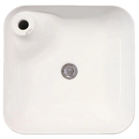 White ceramic Paula Freestanding Basin with 1 tap hole and chrome drain, viewed from directly above.