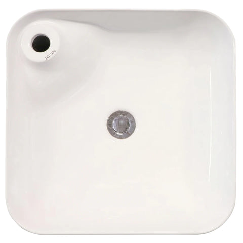 White ceramic Paula Freestanding Basin with 1 tap hole and chrome drain, viewed from directly above.