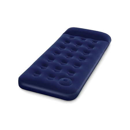 Navy blue inflatable Pavillo single airbed mattress with a built-in foot pump, angled and textured, on a white background.
