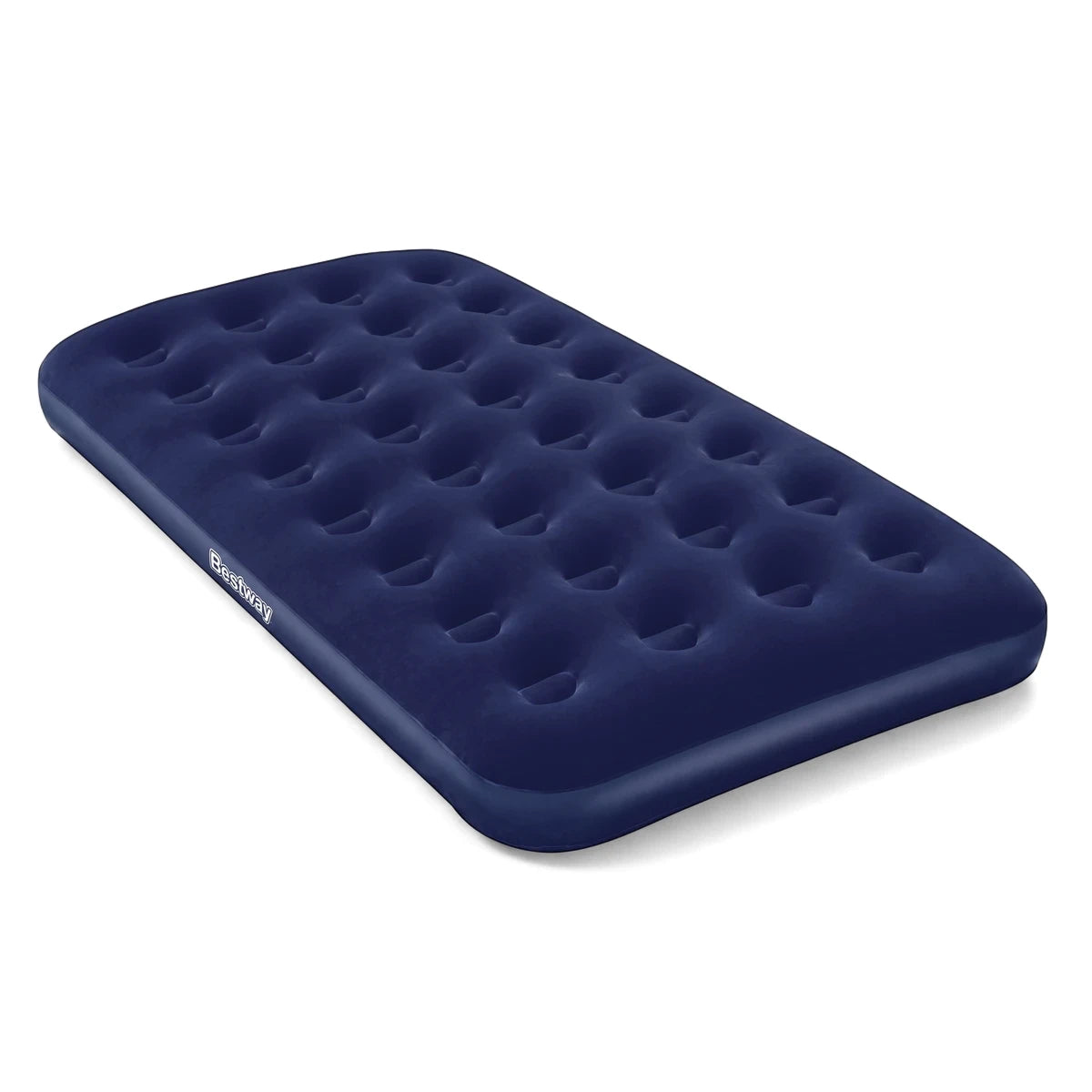 Navy blue Bestway Pavillo Twin inflatable airbed mattress, 188x99x22cm, shown at an angle, perfect for camping or guest beds.