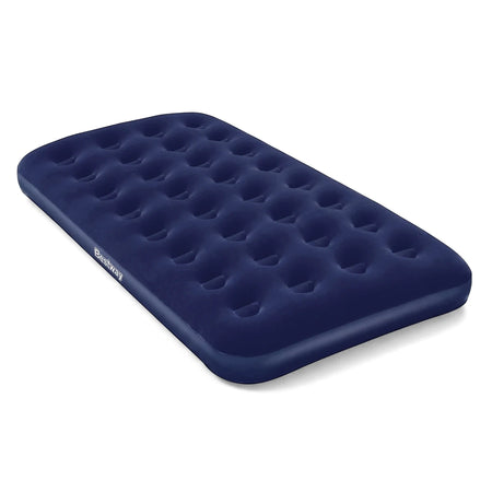 Navy blue Bestway Pavillo Twin inflatable airbed mattress, 188x99x22cm, shown at an angle, perfect for camping or guest beds.