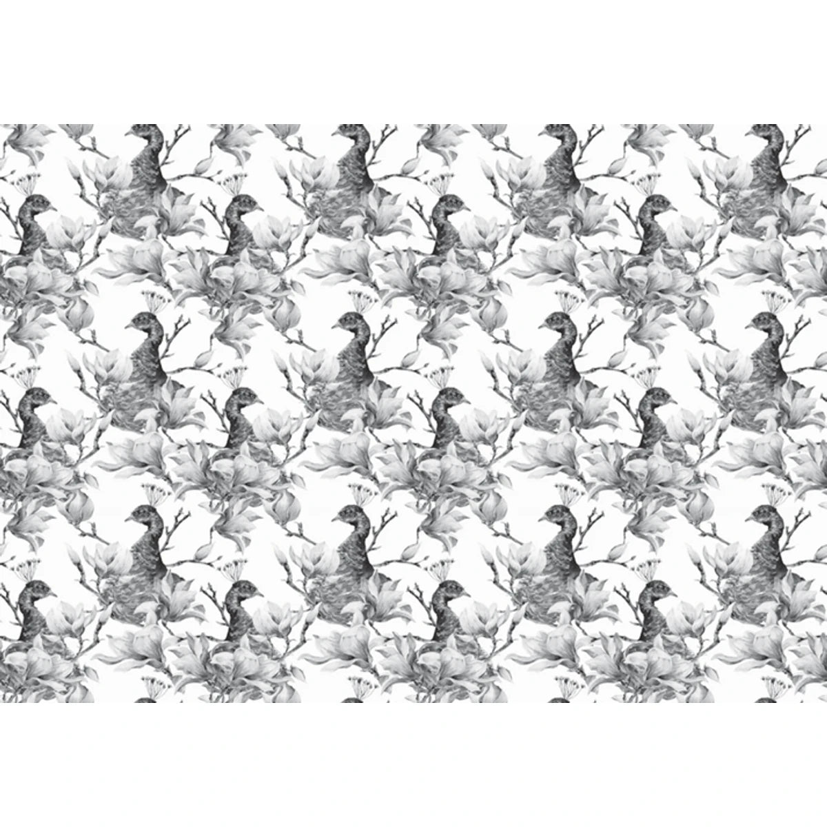 Grayscale decoupage sheet featuring an intricate repeating pattern of majestic peacocks nestled among elegant magnolia