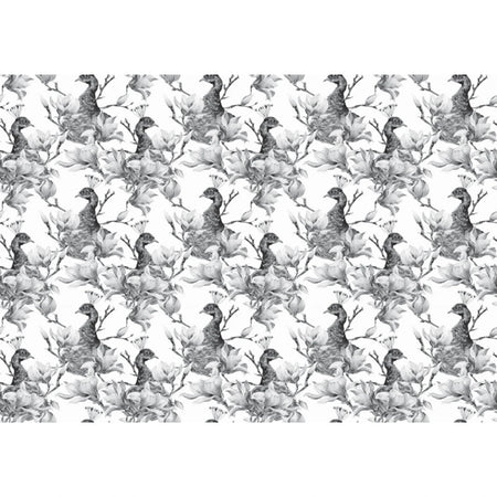Grayscale decoupage sheet featuring an intricate repeating pattern of majestic peacocks nestled among elegant magnolia