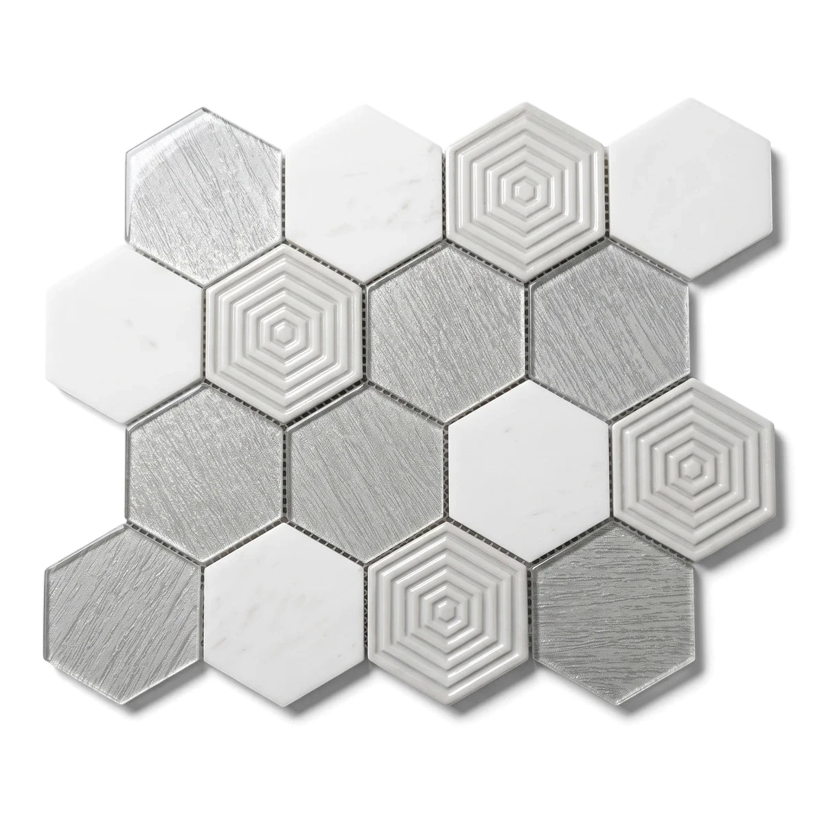 Pearl large hexagon mosaic tile featuring a mix of white, gray brushed metallic, and geometric patterned pieces.