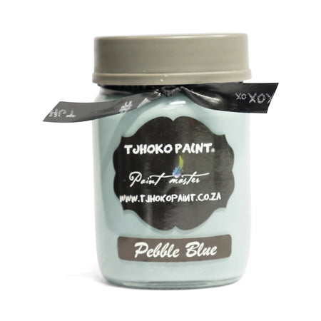Pebble Blue 250ml Chalk Paint in a glass jar with a grey lid, shown from the front with label.