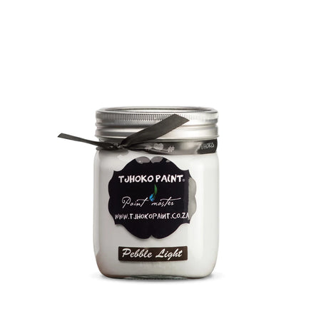Pebble Light 500ml Tjhoko chalk paint jar with a silver lid and black label, positioned centrally on a white background,