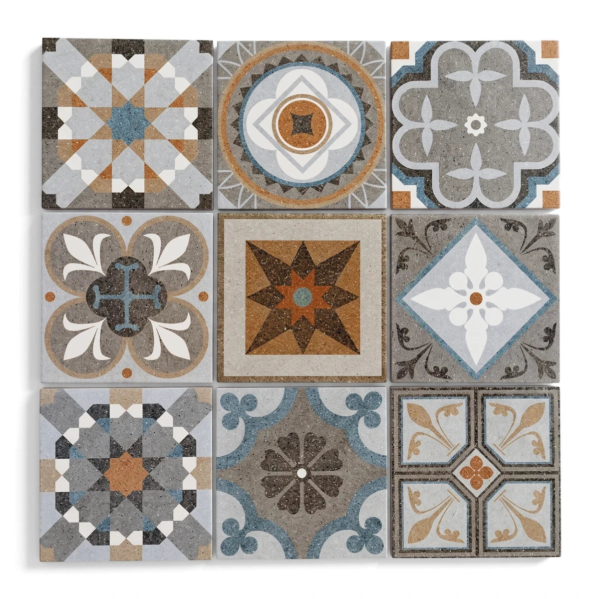 Nine 200x200mm Persian Deco tiles showcasing unique geometric and floral patterns in muted earthy tones.