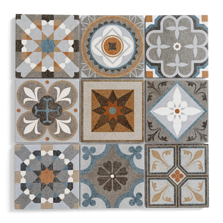Nine 200x200mm Persian Deco tiles showcasing unique geometric and floral patterns in muted earthy tones.