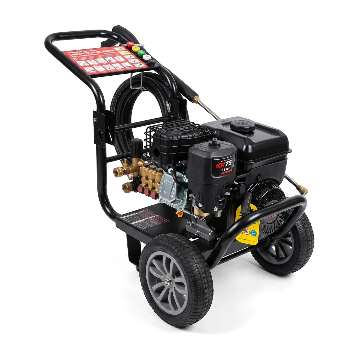 Black 14Hp petrol high-pressure washer with manual start, angled view, featuring 3600 Psi cleaning power and large wheels