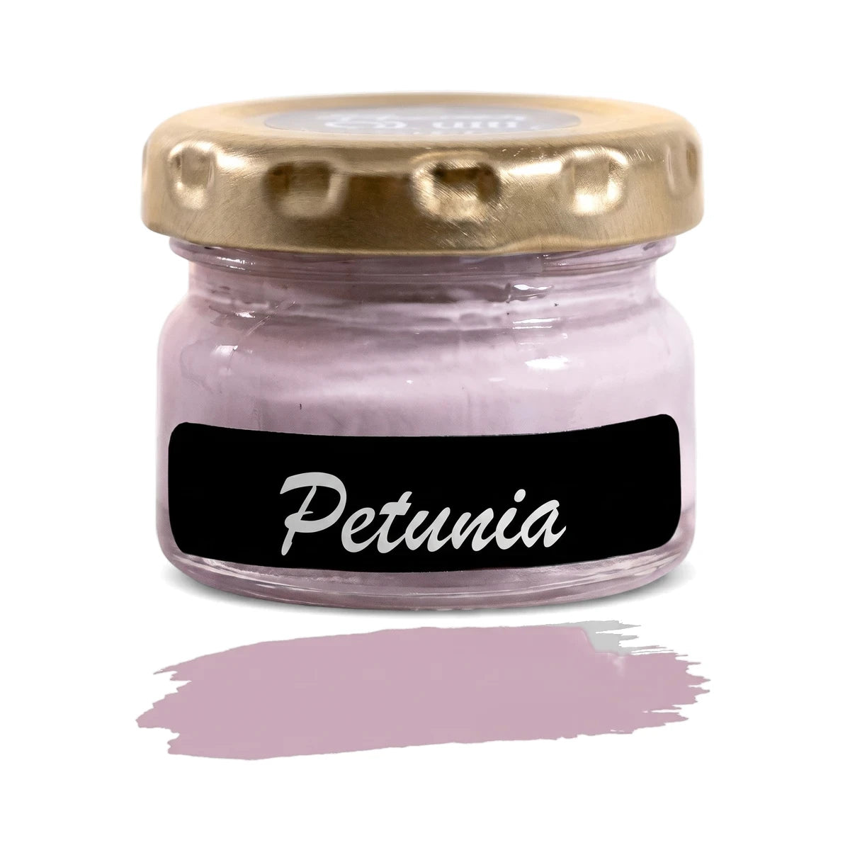 Petunia 25ml chalk paint jar with a gold lid and a matching light purple swatch on a white background.