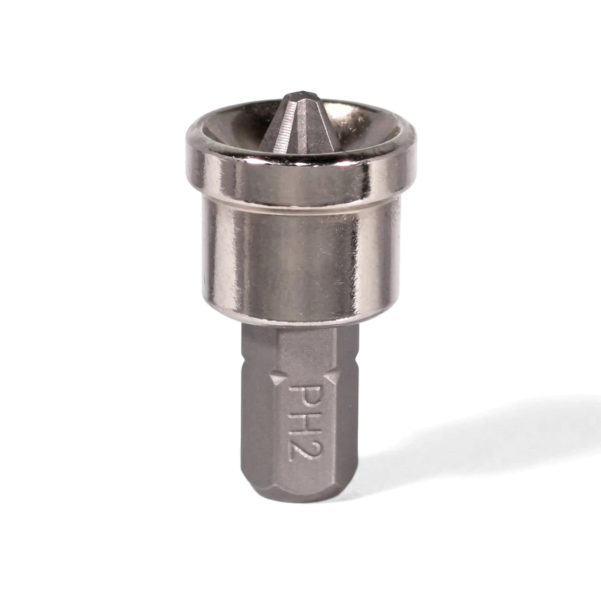Close-up of a silver metal Ph2 Drywall Dimpler Indenter Bit with a conical head and hexagonal shank.
