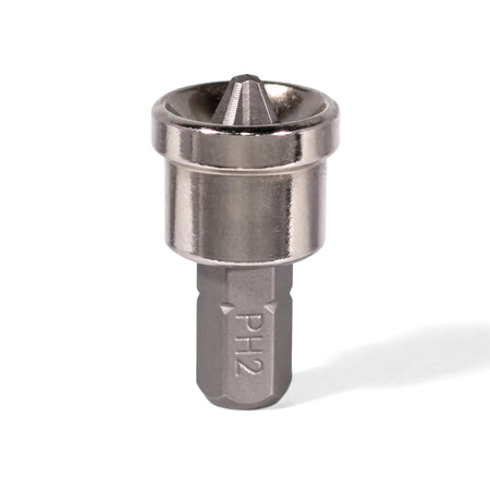 Close-up of a silver metal Ph2 Drywall Dimpler Indenter Bit with a conical head and hexagonal shank.