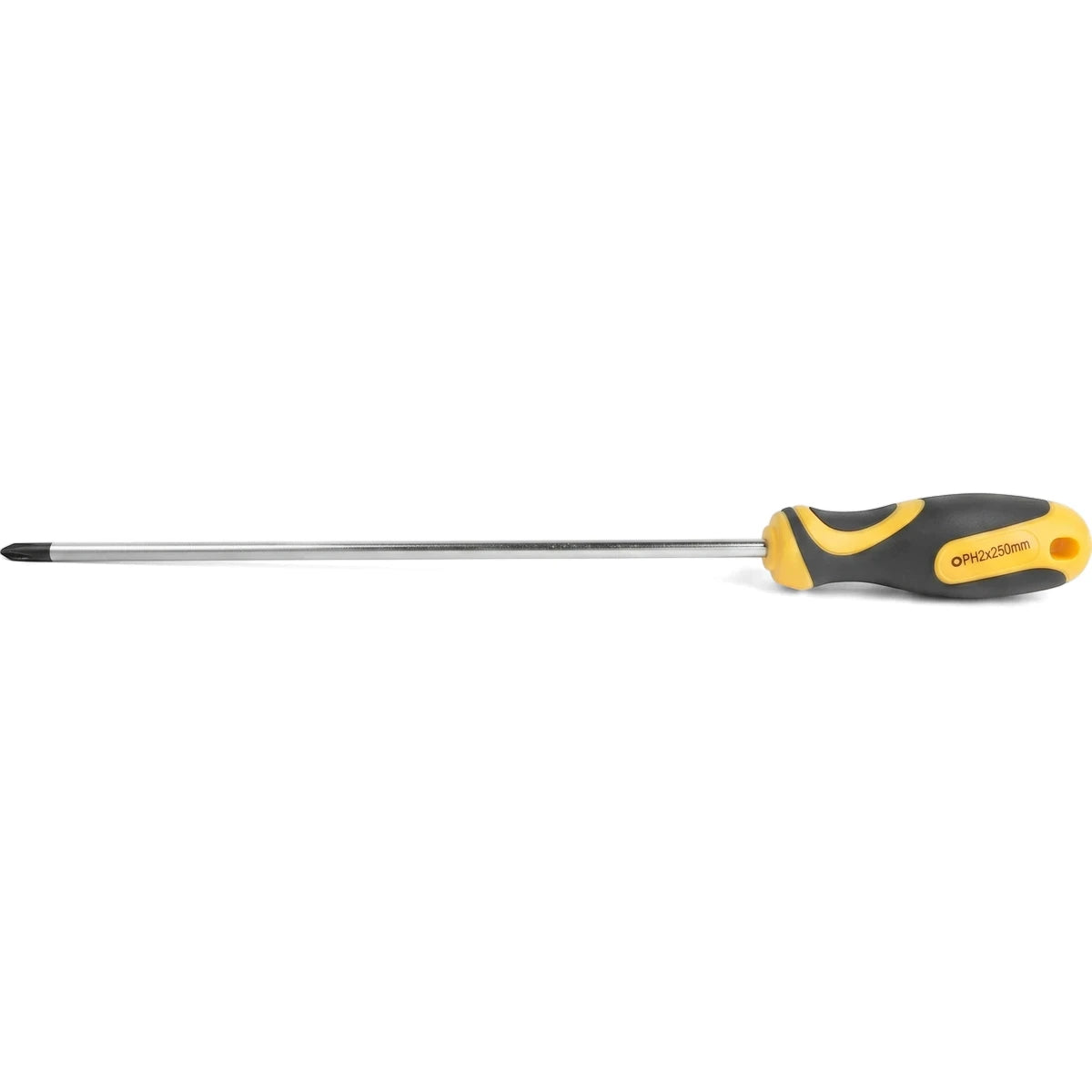 Phillips screwdriver Ph2 X 250mm with yellow and black ergonomic handle and durable silver metallic shaft.