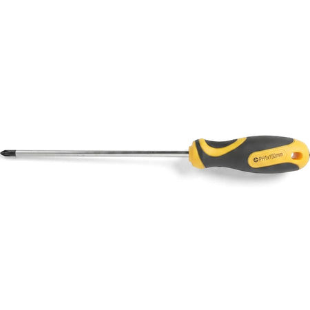 Phillips screwdriver with a silver shaft and a black and yellow ergonomic handle, featuring PH1x150mm sizing.