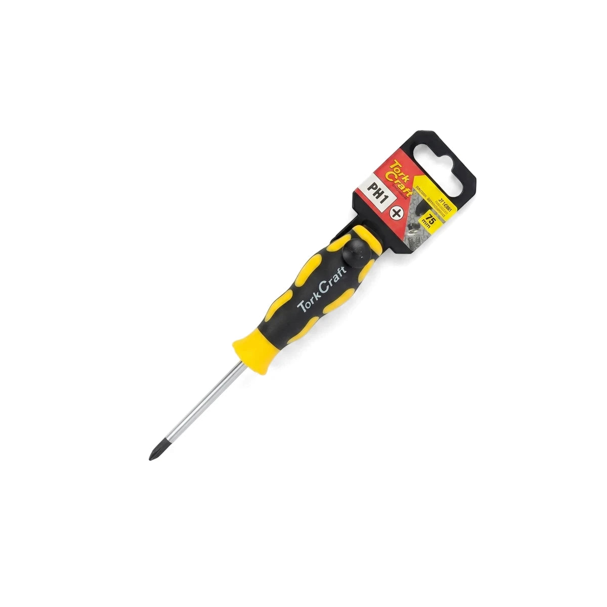 Phillips screwdriver with a black and yellow Tork Craft handle and PH1 x 75mm branding.