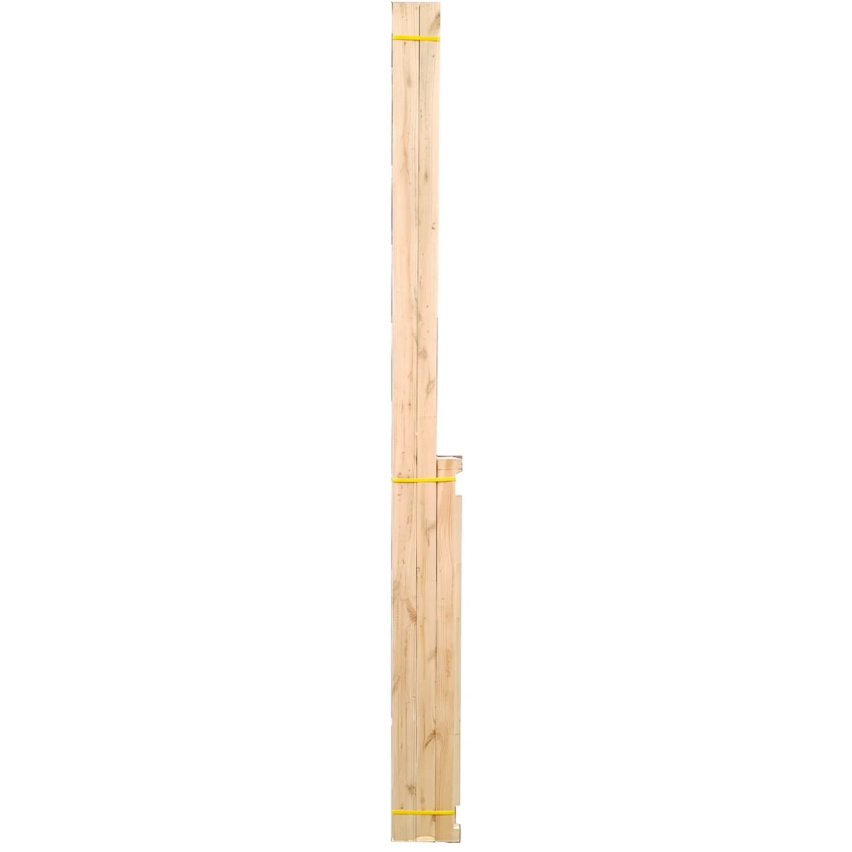 Stack of light-colored pine door frames bundled with yellow straps, vertically oriented in a studio setting.