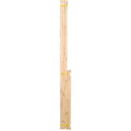 Stack of light-colored pine door frames bundled with yellow straps, vertically oriented in a studio setting.