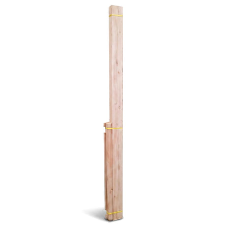 Light-colored pine wood door frame knock-down kit, bundled with yellow straps, shown vertically.