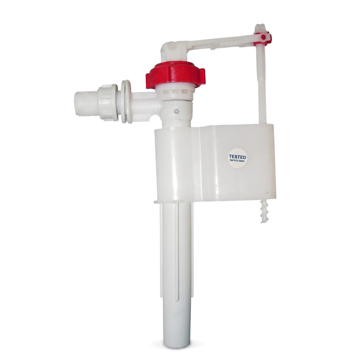 White plastic Ping Side Inlet Toilet Valve with a red cap and float mechanism, designed for toilet cisterns, shown upright.