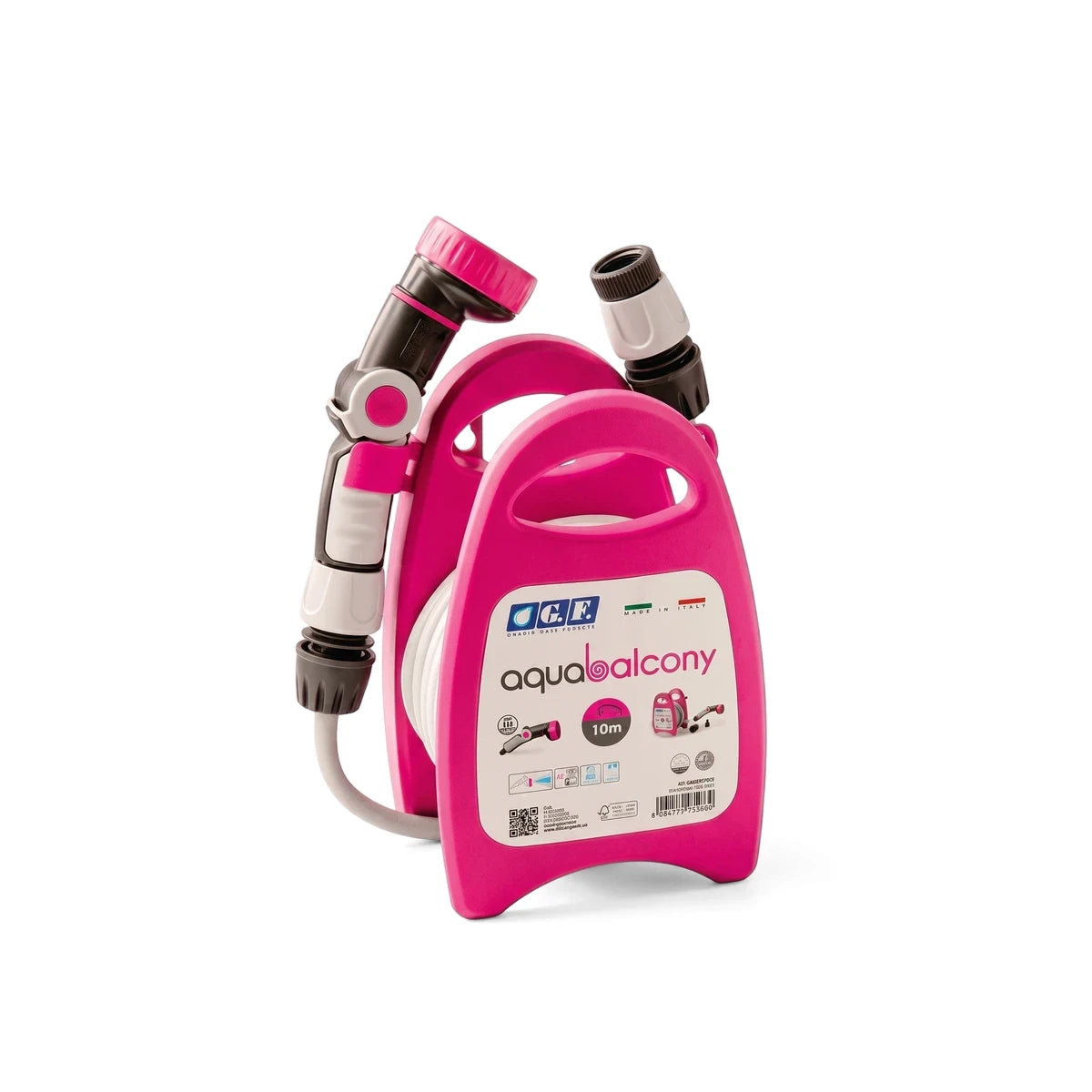Pink Aqua-Balcony 10M hose reel with black and white fittings for garden and balcony watering.