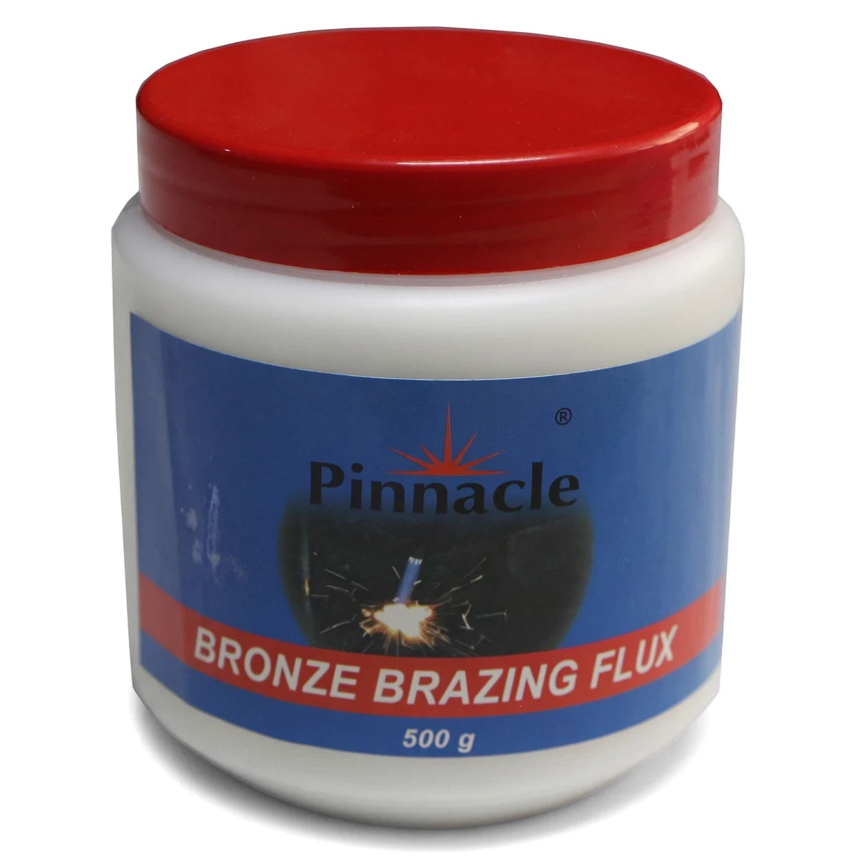 White plastic jar of Pinnacle Bronze Brazing Flux 500g with a red screw-top lid and blue label, shown from an elevated