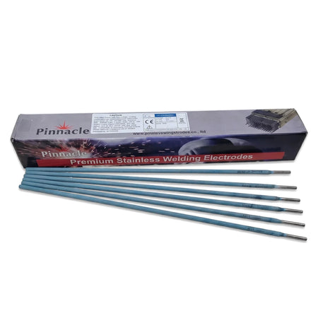 Pinnacle Dissimilar Steel 312 2.5mm welding rods in their product box displayed against a white background.