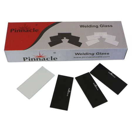 Pinnacle Lens Shade 12 Welding Helmet Lenses, clear and black, displayed with their product box.