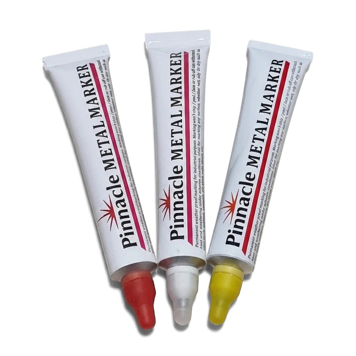 Three Pinnacle permanent metal markers in red, white, and yellow, displayed diagonally with tips visible.