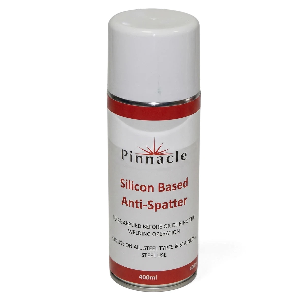 Pinnacle Silicon Based Anti-Spatter spray can, 400ml, with white body, red band, and white cap.