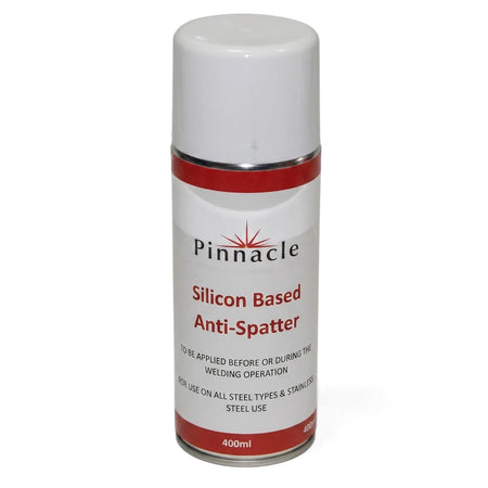 Pinnacle Silicon Based Anti-Spatter spray can, 400ml, with white body, red band, and white cap.