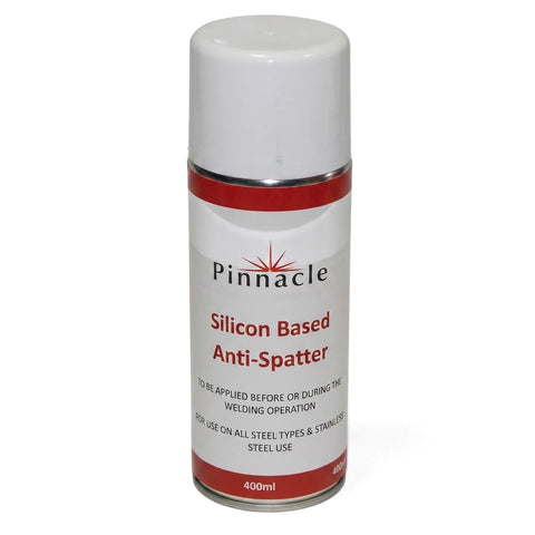 Pinnacle Silicon Based Anti-Spatter spray can, 400ml, with white body, red band, and white cap.
