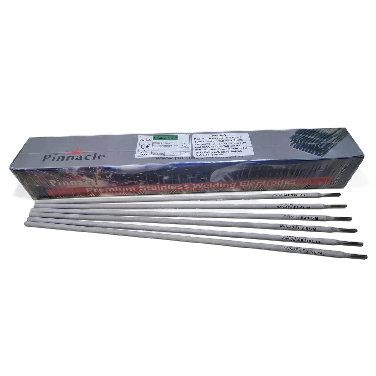 Pinnacle box of Stainless Steel 316L 2.5mm welding electrodes with several grey rods displayed, ready for industrial use.