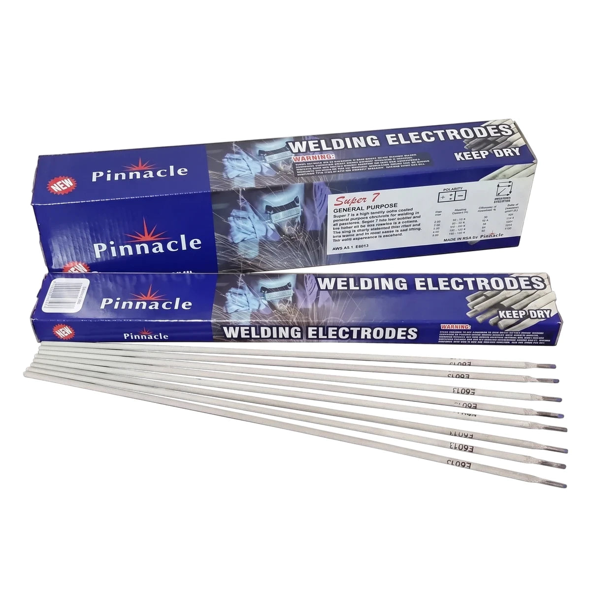 Two blue boxes of Pinnacle Super 7 E6013 welding electrodes with a bundle of white 5.0mm welding rods, featuring purple tips.